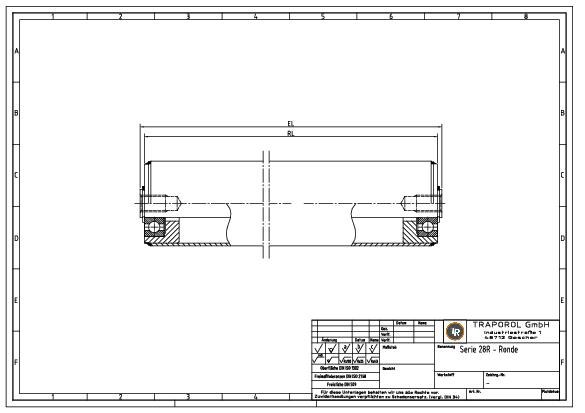 Technische Skizze Tragrolle Schwerkraft Serie 28R Ronde
