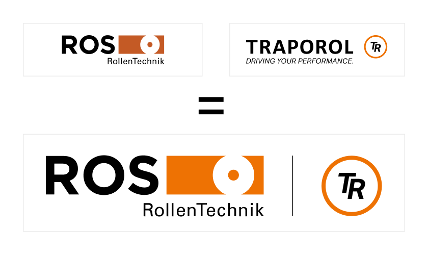 Logos der ROS RollenTechnik und Traporol GmbH zusammen mit dem neuen Logo der ROS RollenTechnik GmbH